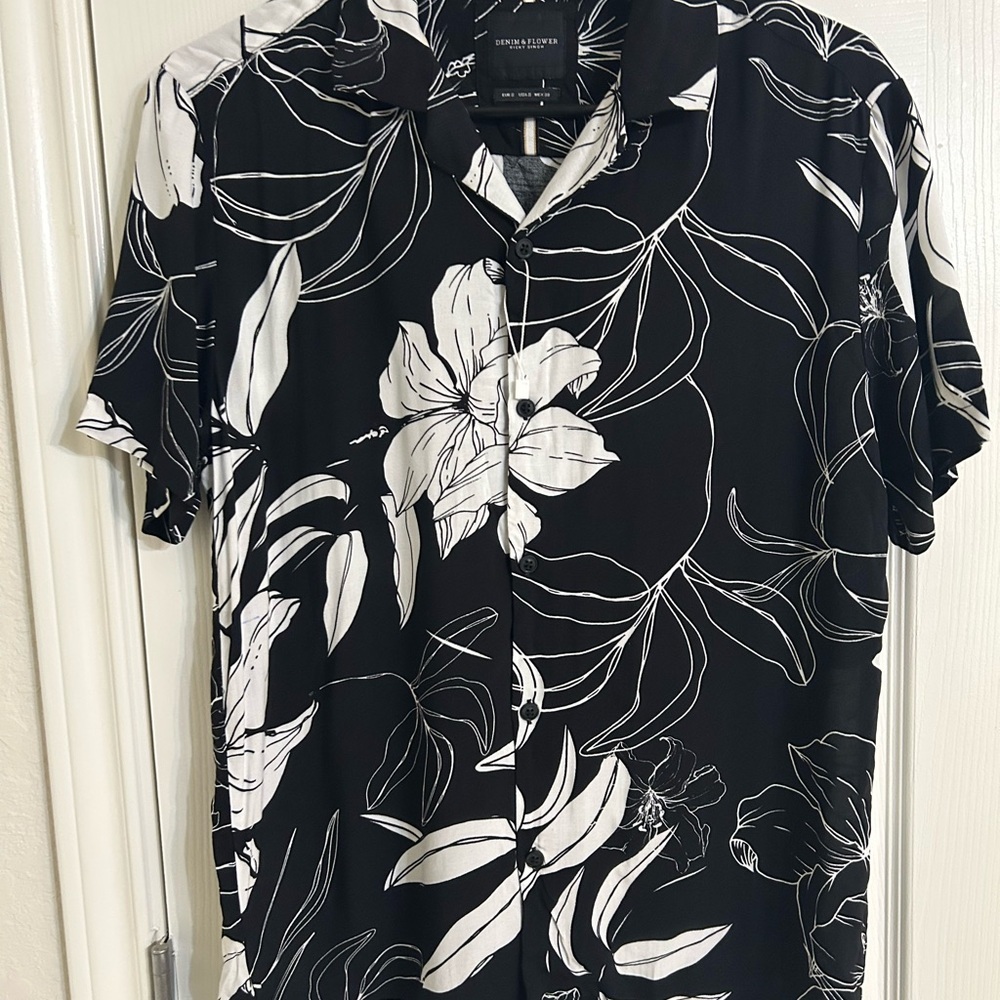 Denim & Flower Black and White Casual Button Down Shirt